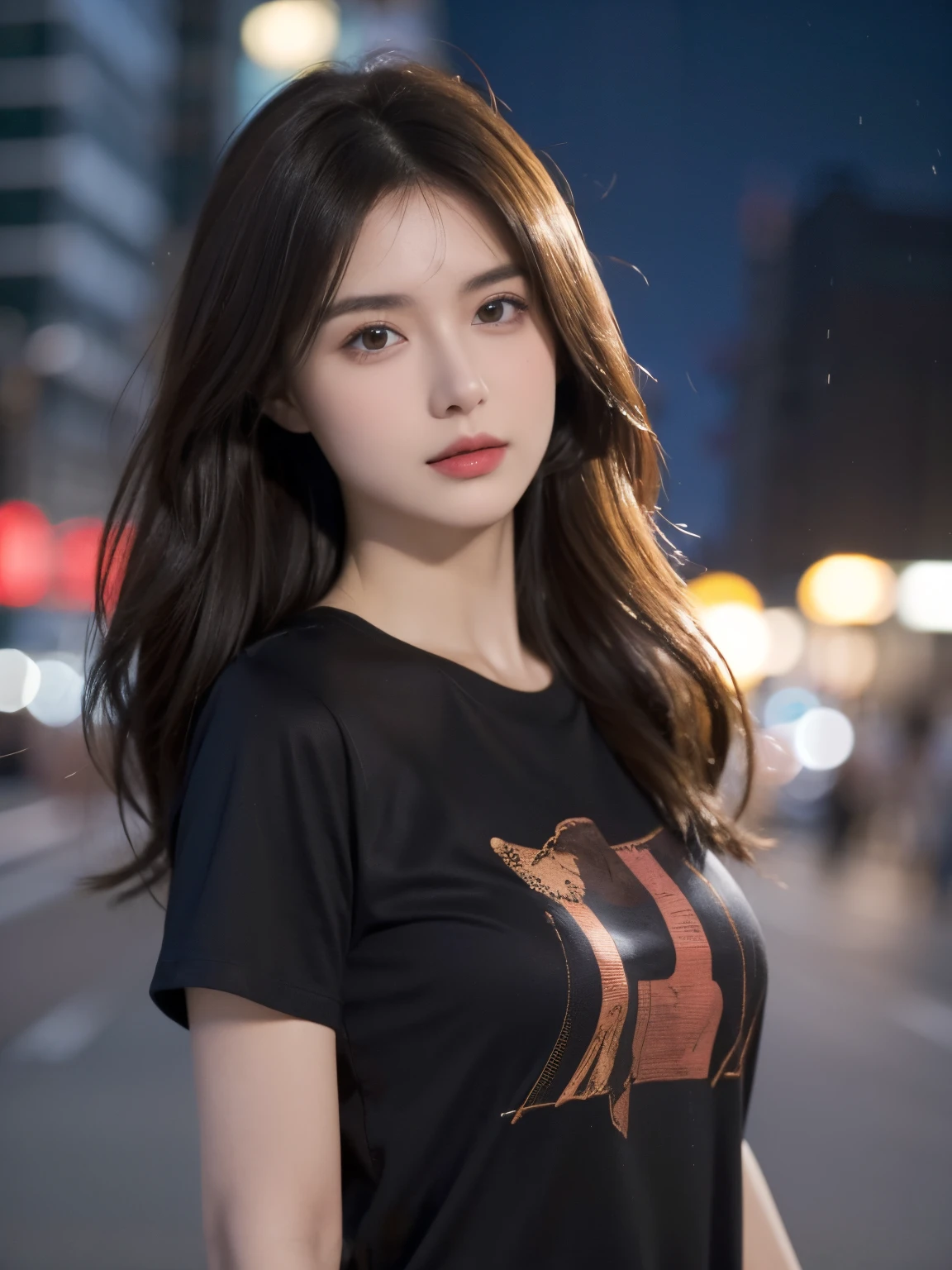 (Best quality, A high resolution, tmasterpiece :1.3), one pretty woman, long slim figure, dark brown hair, tee shirt, (City streets at night), Highly Detailed Face and Skin Textur, A detailed eye, 二重まぶた