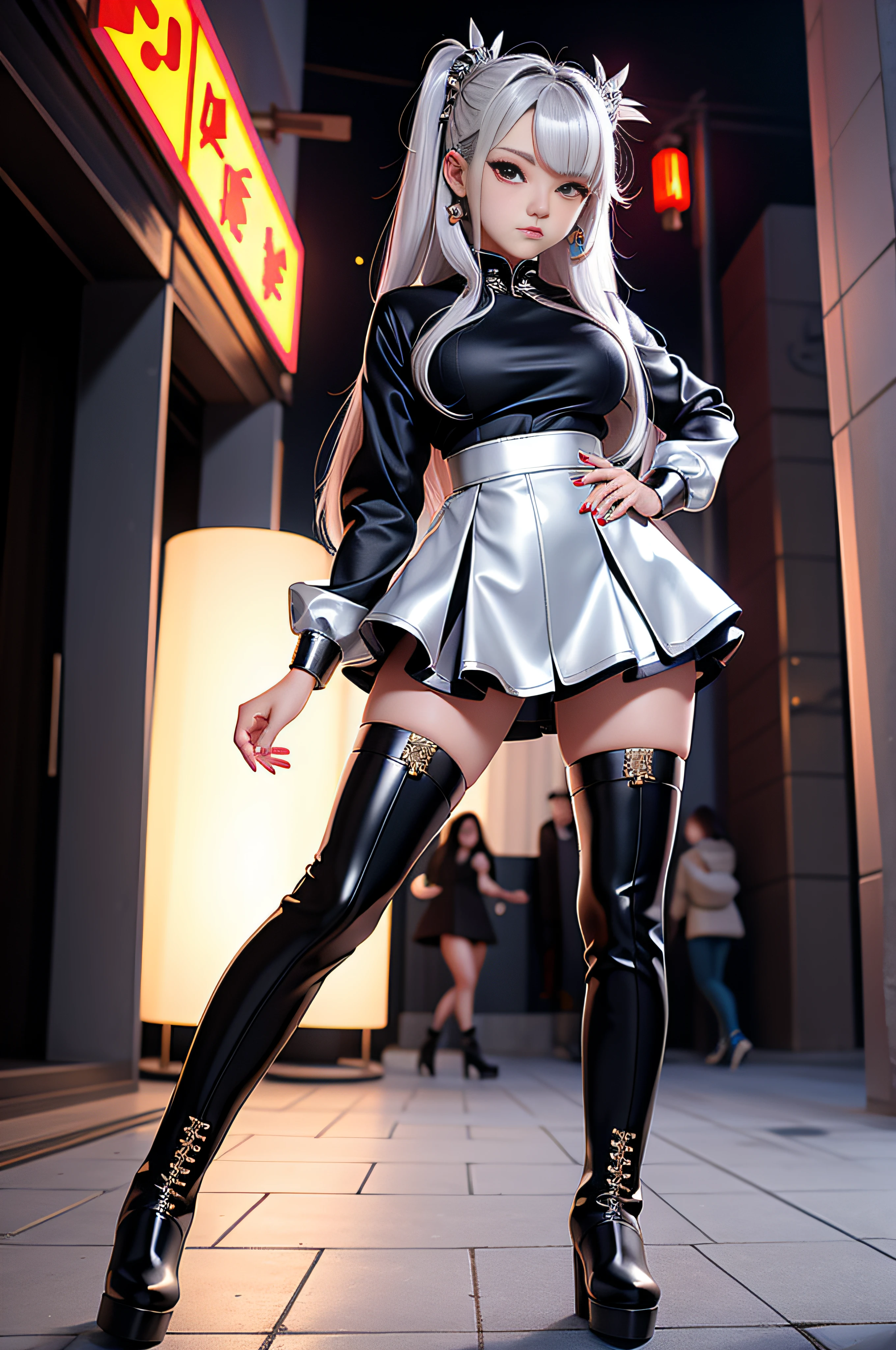 Beautiful Chinese teenager, tight silk long sleeve top, large breasts, bob hair with silver streaks, knee high boots, short skater skirt, punk girl, masterpiece, silver highlights in hair