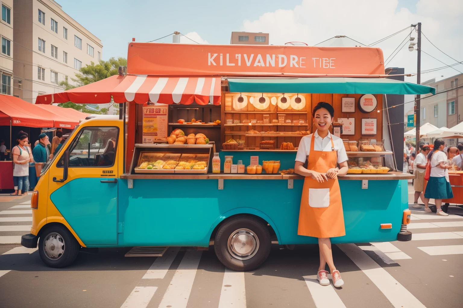 Setting: Daytime Street Food Festival with a Culinary Innovator.
*Description: A culinary innovator, donning a stylish apron, serves up inventive dishes at a bustling street food festival. The diverse array of flavors and modern food truck designs capture the contemporary spirit of a Wes Anderson-style culinary adventure.