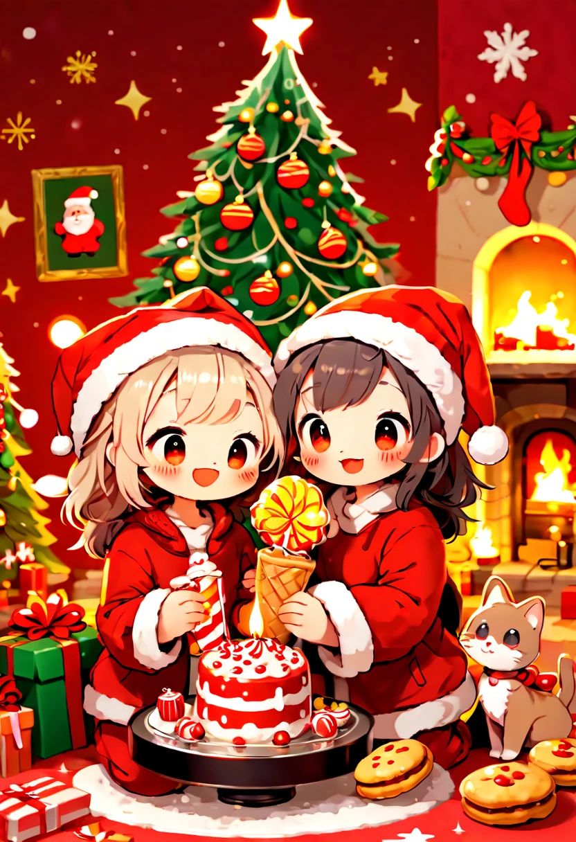 Cute graffiti, (((Vector illustration style))),Bright colors, magical atmosphere, whimsical, sparkling, fantasy Christmas world, (vector illustration style Christmas), in a warm room, a male and female couple wearing Santa Claus costumes enjoy Christmas dinner.The room decorated with a tall Christmas tree, which covered with shining lights and colorful decorations.Next to it a pile of gift boxes, the exquisite packaging revealing expectations and surprises.A warm fire burns in the fireplace, various Christmas decorations are placed around it, and a funny portrait of Santa Claus hangs on the wall.Tempting Christmas delicacies such as gingerbread cookies, candy canes, candies, etc. are placed on the table.The kitten at the foot lying on the Christmas carpet, wearing a red scarf, and seems to be enjoying this warm moment.The whole room filled with a strong Christmas atmosphere, full of joy and warmth, which intoxicating, (Perspectives, first person perspective, Ghibltyle colors, with light glowing, 电影灯光, hyper HD, tmasterpiece, acurate, Anatomically correct, ctextured skin, super detailing, high detal, high qulity, Award-Awarded, Best quality at best, 4K),