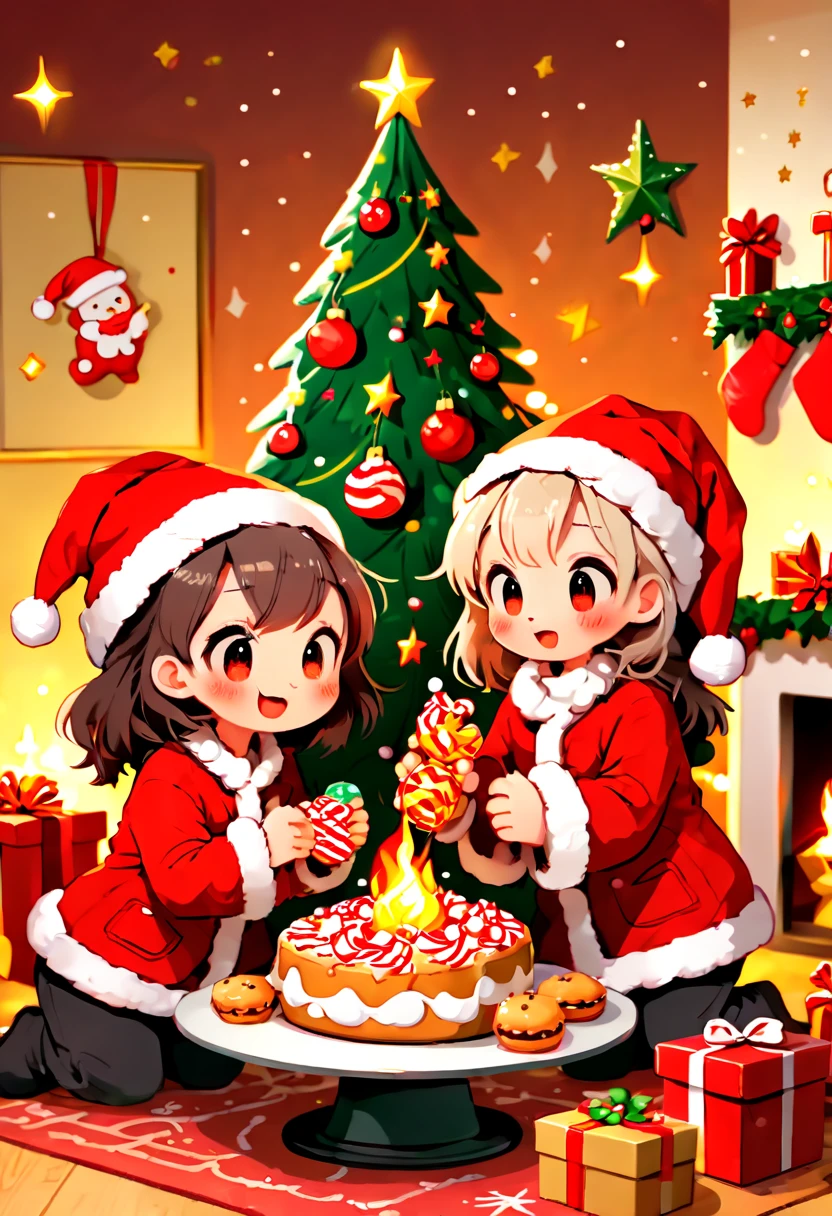 Cute graffiti, (((Vector illustration style)))，Bright colors, magical atmosphere, whimsical, sparkling, fantasy Christmas world, (vector illustration style Christmas), in a warm room, a male and female couple wearing Santa Claus costumes enjoy Christmas dinner.The room decorated with a tall Christmas tree, which covered with shining lights and colorful decorations.Next to it a pile of gift boxes, the exquisite packaging revealing expectations and surprises.A warm fire burns in the fireplace, various Christmas decorations are placed around it, and a funny portrait of Santa Claus hangs on the wall.Tempting Christmas delicacies such as gingerbread cookies, candy canes, candies, etc. are placed on the table.The kitten at the foot lying on the Christmas carpet, wearing a red scarf, and seems to be enjoying this warm moment.The whole room filled with a strong Christmas atmosphere, full of joy and warmth, which intoxicating, (Perspectives, first person perspective, Ghibltyle colors, with light glowing, 电影灯光, hyper HD, tmasterpiece, acurate, Anatomically correct, ctextured skin, super detailing, high detal, high qulity, Award-Awarded, Best quality at best, 4K),