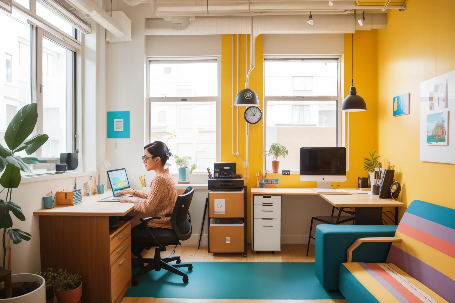 Setting: Daytime Co-Working Space with a Creative Freelancer.
*Description: A creative freelancer, surrounded by modern technology and quirky decor, works in a vibrant co-working space. The scene reflects the collaborative and contemporary atmosphere of a Wes Anderson-style shared workspace.