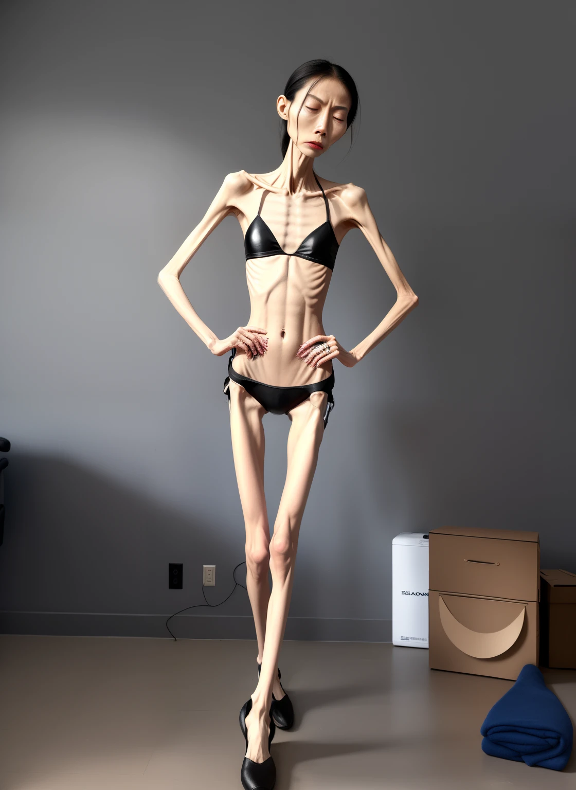 extremely thin woman，The body  very thin，Rib chest，Protruding sternum，The sternum  distinct，The waist  very thin，The ribs are noticeable，Protruding ribs，The pelvic protrusion  very obvious，Clear outline of pelvis，The crotch protrudes，Hip bones are obvious，thin shoulde，The waist  very thin，Sunken abdomen，Abdominal muscle atrophy，Delicate arms，arm muscle atrophy，slender thigh，Knees are obviously protruding，Ankle bulges，The ankle bones are obvious，The leg bones are obvious，leg muscle atrophy，anorexia，Wear tight leather pants，Wear slippers，Significant atrophy of dorsalis pedis muscles，Asia face，The expression of crying，Excessive weight loss，sunken face，Apply lipstick，Severe malnutrition，The body  so thin that only the skeleton  left