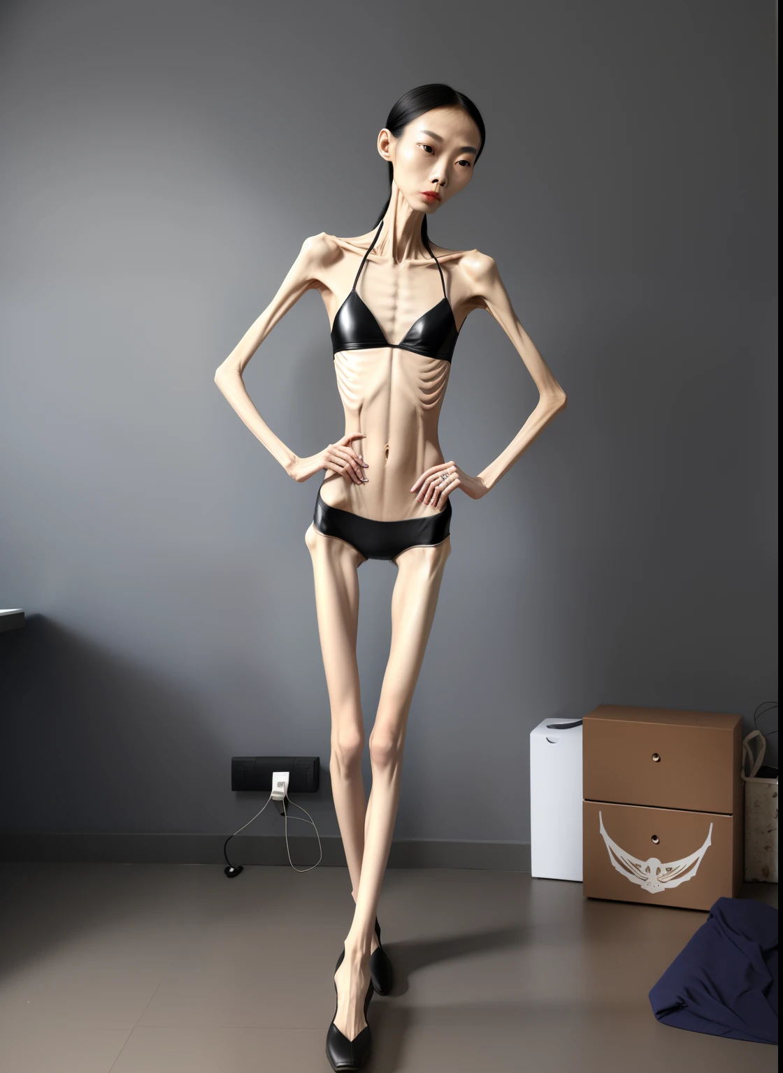 extremely thin woman,The body very thin,Rib chest,Protruding sternum,The sternum distinct,The waist very thin,The ribs are noticeable,Protruding ribs,The pelvic protrusion very obvious,Clear outline of pelvis,The crotch protrudes,Hip bones are very clear,thin shoulde,The waist very thin,Sunken abdomen,Abdominal muscle atrophy,Delicate arms,arm muscle atrophy,slender thigh,Thin leg,Knees are obviously protruding,Ankle bulges,The ankle bones are obvious,The leg bones are obvious,leg muscle atrophy,anorexia,Wear tight leather pants,Wear slippers,Significant atrophy of dorsalis pedis muscles,Asia face,The expression of crying,Excessive weight loss,sunken face,Apply lipstick,Severe malnutrition,The body so thin that only the skeleton left