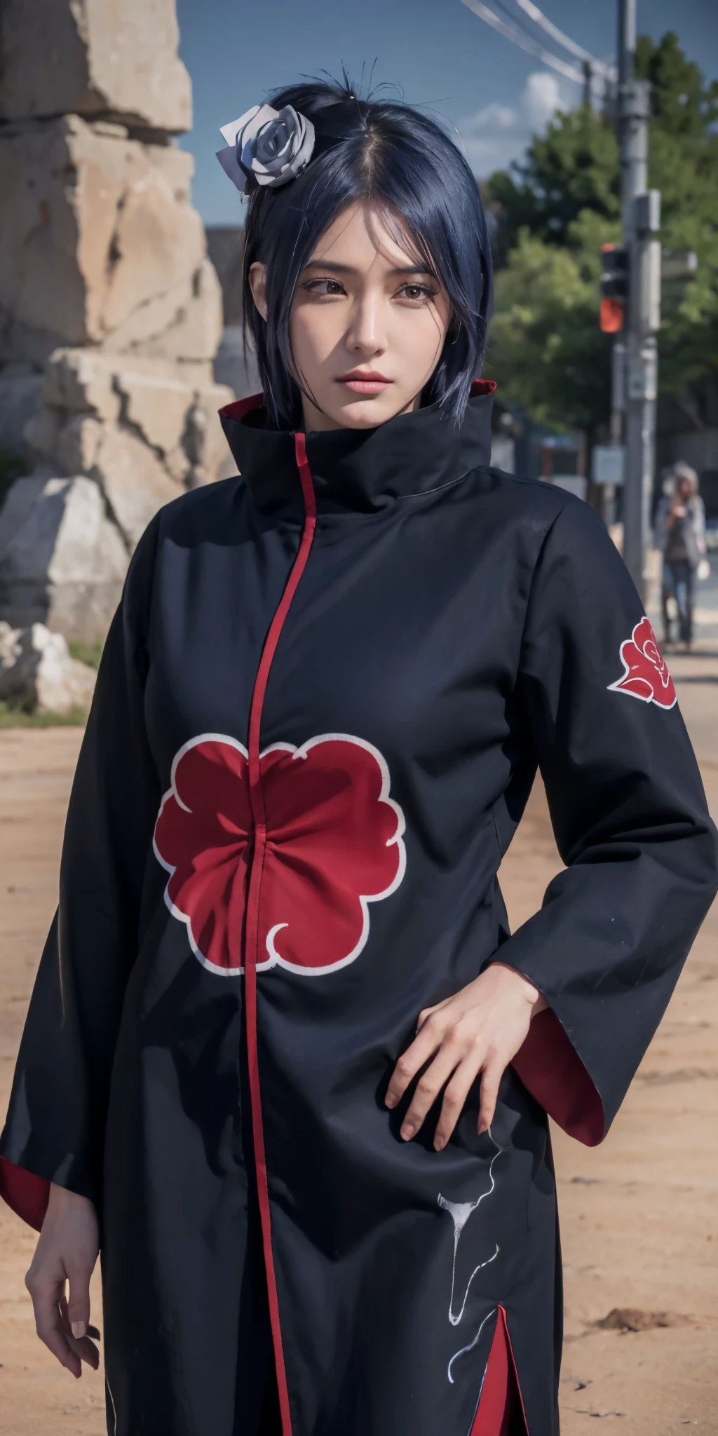 (8k, RAW photo), (best quality), (masterpiece), (realistic,) (photo-realistic),(highres), ultra-detailed, (realism:1.1),beautiful face,
(1girl:1.1),woman,(looking at viewer),cowboy shot,japanese,
konan \(naruto\), (akatsuki outfit:1.1), labret piercing,
dark blue hair,
professional lighting, photon mapping, physically-based rendering,
dark theme,