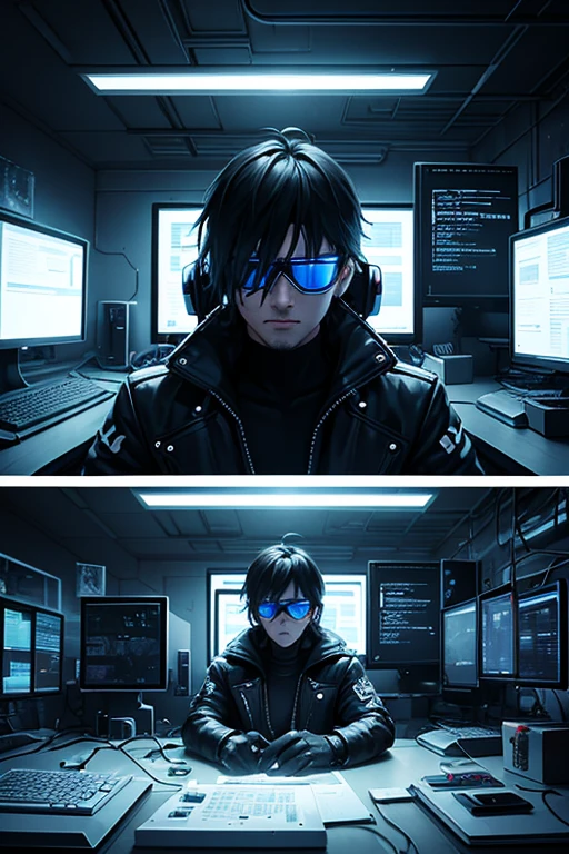 Generate a pixelated representation of a man hacking a computer in a futuristic, cyberpunk digital environment. Illustrate the hacker sitting in front of a computer with flickering screens and cascading lines of code. Detail the scene with retro color tones and pixel effects to evoke a vintage video game aesthetic, infused with the gritty and high-tech elements characteristic of cyberpunk. Highlight the hacker with tech-inspired clothing and accessories, such as virtual reality glasses or cybernetic gloves, reflecting his skills. Add elements of suspense and tension, such as flashes of light indicating a successful entry, to enhance the hacking action. Surprise me with a pixelated image that captures the essence of the cyberpunk digital world as the man executes his hacking skills in a gritty and futuristic environment