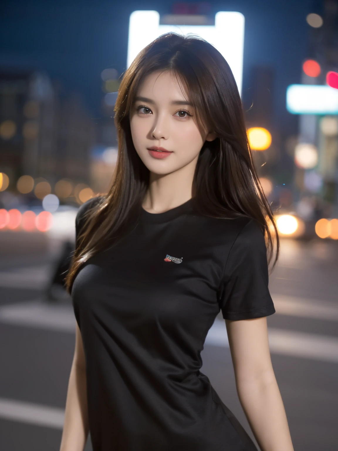 (Best quality at best, A high resolution, tmasterpiece :1.3), one pretty woman, long slim figure, dark brown hair, tee shirt, (City streets at night), Highly Detailed Face and Skin Textur, A detailed eye, 二重まぶた