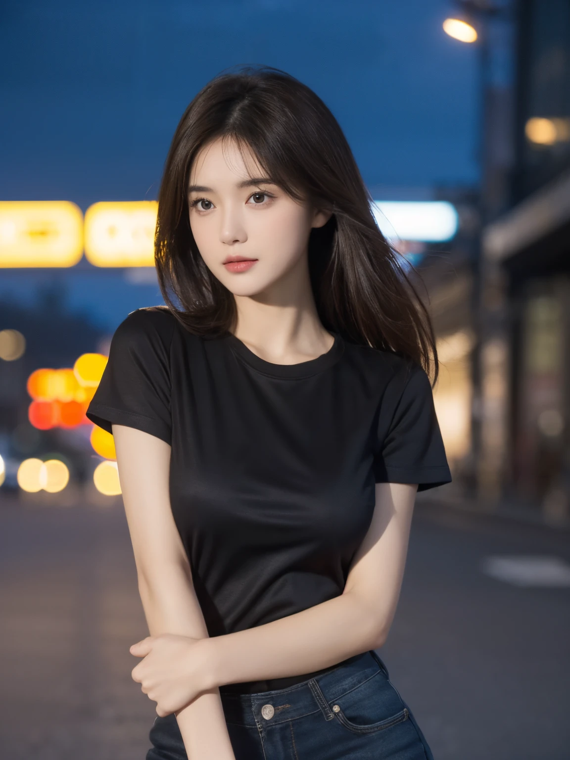 (Best quality at best, A high resolution, tmasterpiece :1.3), one pretty woman, long slim figure, dark brown hair, tee shirt, (City streets at night), Highly Detailed Face and Skin Textur, A detailed eye, 二重まぶた