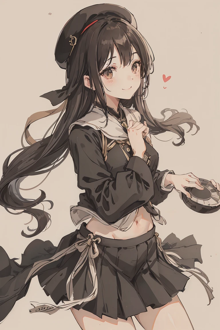 sparrow, a black haired girl, wearing a villager clothes, long hair, hair, black skirt, black villager uniform, slim body, , curious face, praying pose, seductive smile, mini skirt, white beret, medium breasts,