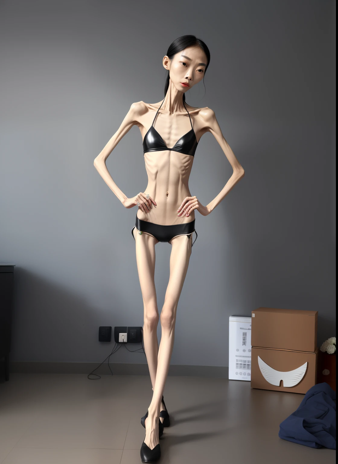 extremely thin woman,The body very thin,Rib chest,Protruding sternum,The sternum distinct,The waist very thin,The ribs are noticeable,Protruding ribs,The pelvic protrusion very obvious,Clear outline of pelvis,The crotch protrudes,Hip bones are very clear,thin shoulde,The waist very thin,Sunken abdomen,Abdominal muscle atrophy,Delicate arms,arm muscle atrophy,slender thigh,Thin leg,Knees are obviously protruding,Ankle bulges,The ankle bones are obvious,The leg bones are obvious,leg muscle atrophy,anorexia,Wear tight leather pants,Wear slippers,Significant atrophy of dorsalis pedis muscles,Asia face,The expression of crying,Excessive weight loss,sunken face,Apply lipstick,Severe malnutrition,The body so thin that only the skeleton left
