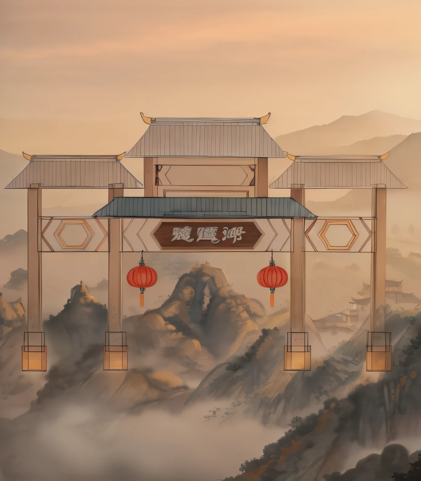 Complete picture of Chinese door,There are lanterns hanging there,There another brand,It says "Xiaoyaojin", Chinese architecture, ancient buildings of China, chineseidol, Chinese architecture, In line with ancient Chinese aesthetics, Exquisite structure, High-quality sketches, architectural illustration, Chinese palaces, ancient china art style, high quality architectural art, ancient chinese ornate, Chinese traditional, full - length view, Tang Dynasty Palace