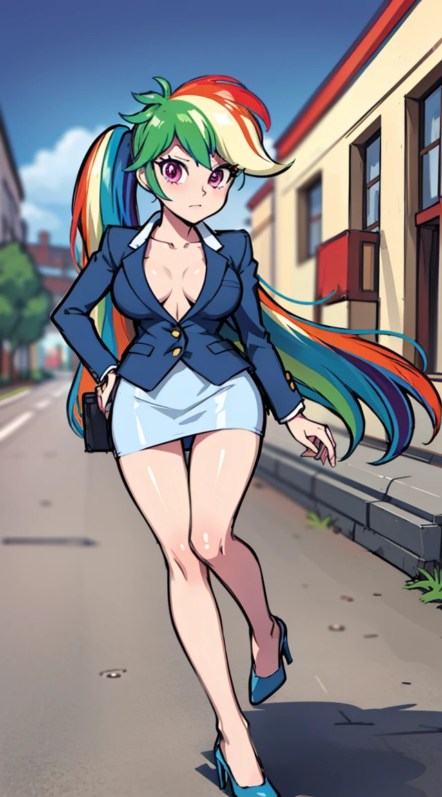 Rainbow Dash, Rainbow Dash of My Little Pony, Rainbow Dash as a girl, business suit, blazer, pencil upskirt, bare legs, high heels, office lady, posing, upskirt, vagina desnuda, tetas desnudas, tetas medianas, trasero desnudo, (solo desnuda, piernas desnudas, vagina abierta, vulva desnuda, blusa abierta, no Bra, tetas al aire, nipples