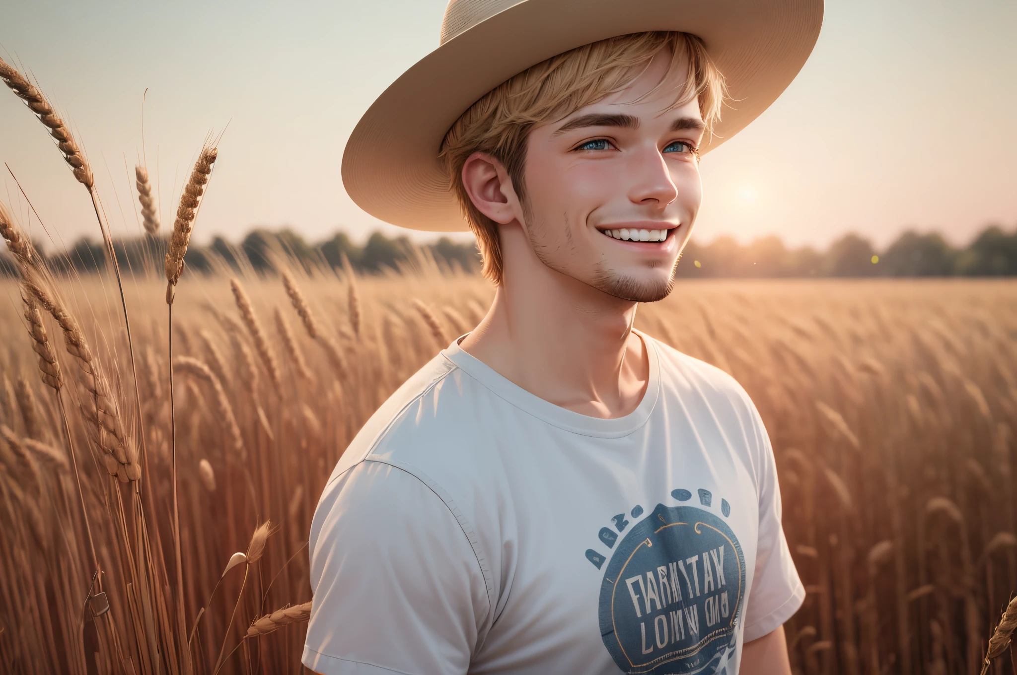 25-year old man, caucasian, short blond hair, muscular, grinning, wearing jeans and t-shirt, wearing old hat, farmer, in field of wheat, extremely detailed CG unity 8k wallpaper, intricate details, portrait, solo, detailed background, bokeh, raytracing, realistic textured skin, particle effects, depth of field