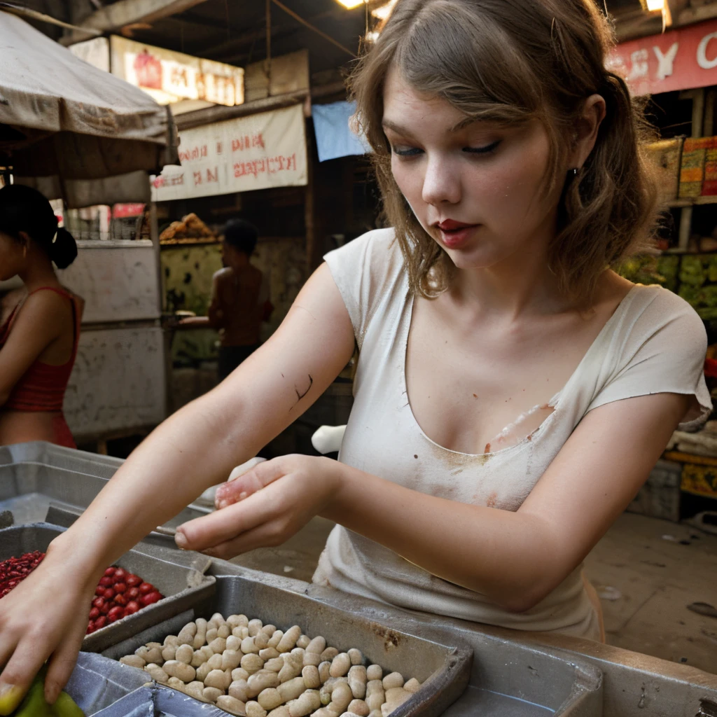 (Melissa Benoist), (((naked))), ((standing in a busy farmer's market)), shy, ((worried)), hiding, ((face blushing)), (((hands between legs))), (minimal jewelry), choker, ((embarrassed pose)), (((perfect hands)))