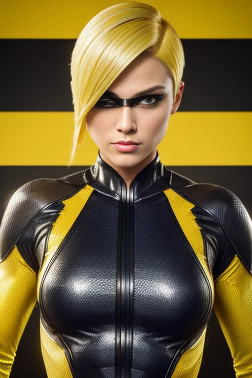4k highly detailed realistic female superhero dressed in cropped carbon fiber, yellow hair in a short undercut bob hairstyle, hair covering one eye, ((sharp Jawline)), (full body Including Legs), Seduction and fantastic poses