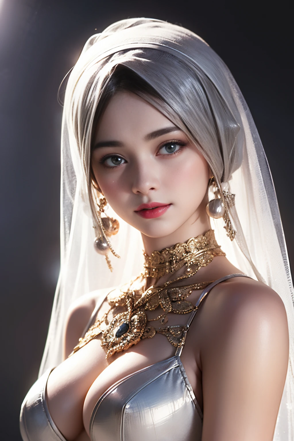 nsfw,Highest Quality, Highest image quality, RAW Photos, Realistic, Photorealsitic, ultra detailed and beautiful, highest details, ung girls, good-looking, Beautiful fair skin and luster, Beautiful eyes are big and bright, Small mouth and thin lips, hijabi, Goodness of style and slenderneseautiful big breasts:1.3), She has a cheerful personality and a cute smile......, Natural makeup, Pearl Pin Cripantasy see-through costume with cute details and wide breasts:1.5), Cute little girl s, beautiful girl illuminated by seven colors of light, Irridescent color,