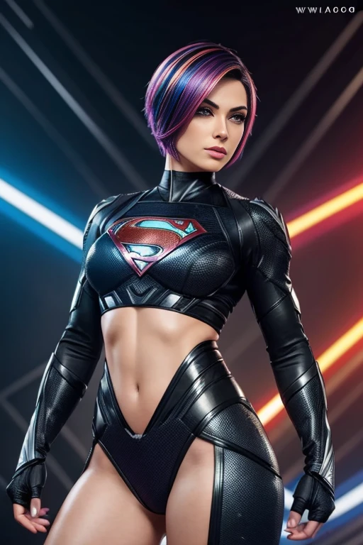 4k highly detailed realistic female superhero dressed in cropped carbon fiber, rainbow hair in a short undercut bob hairstyle, hair covering one eye, ((sharp Jawline)), (full body Including Legs), Seduction and fantastic poses