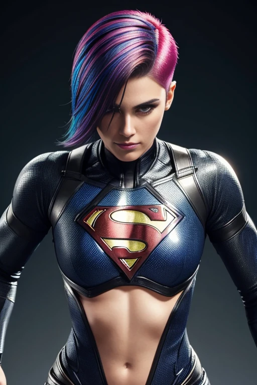 4k highly detailed realistic female superhero dressed in cropped carbon fiber, rainbow hair in a short undercut bob hairstyle, hair covering one eye, ((sharp Jawline)), (full body Including Legs), Seduction and fantastic poses