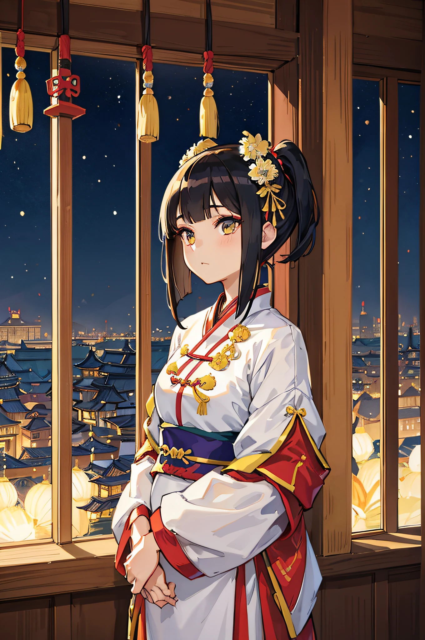 one-girl, ancient Chinese costume, Clear face, ((hime haircut))，Personalized HD makeup，tmasterpiece, super detailing, Epic work, hyper HD, high high quality, offcial art, Unity8k wallpaper, super detailing, 32K，Stand in a room with a window，Hair gradient+high ponytails:1.2，Short straight black hair，Qi bangs cover the forehead，