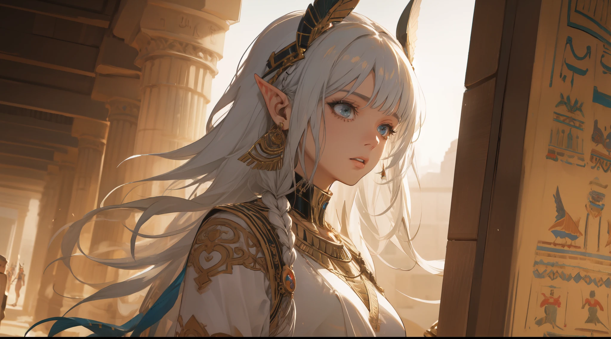 ((Best quality, 8k, Masterpiece :1.3)), young elf woman,  Bangs, sidelock, Braid, silver hair, bright eyes, egypt concept, Egyptian clothing, big breast, Ornate bracelet, with an egyptian embroidered, white dress, sweet expression,perfect face, detailed eyes, arches, middle east egyptian town, dynamic composition, craig mullins, (dynamic angle), (depth of field:1.2), intricate insanely detailed,sharp focus,aestheticism,art by Artgerm, by wadim kashin, by Kawacy, by Yusuke Murata