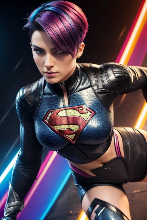 4k highly detailed realistic female superhero dressed in cropped carbon fiber, rainbow hair in a short undercut bob hairstyle, hair covering one eye, ((sharp Jawline)), (full body Including Legs), Seduction and fantastic poses