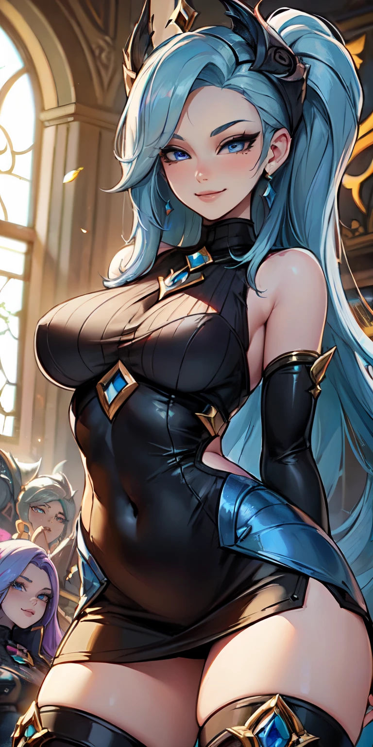 Masterpiece, 8k, art style by sciamano240, very detailed face, detailed clothes, detailed fabric, 2girls, ( Death sworn Katarina (league of legends 1.1)) beautiful face, asymmetrical long hair, light blue hair, exposed navel, black thigh boots, very detailed blue eyes, leather mini pencil skirt, cute smirk, posing facing camera, looking at viewer, posing back towards viewer, day, full view,