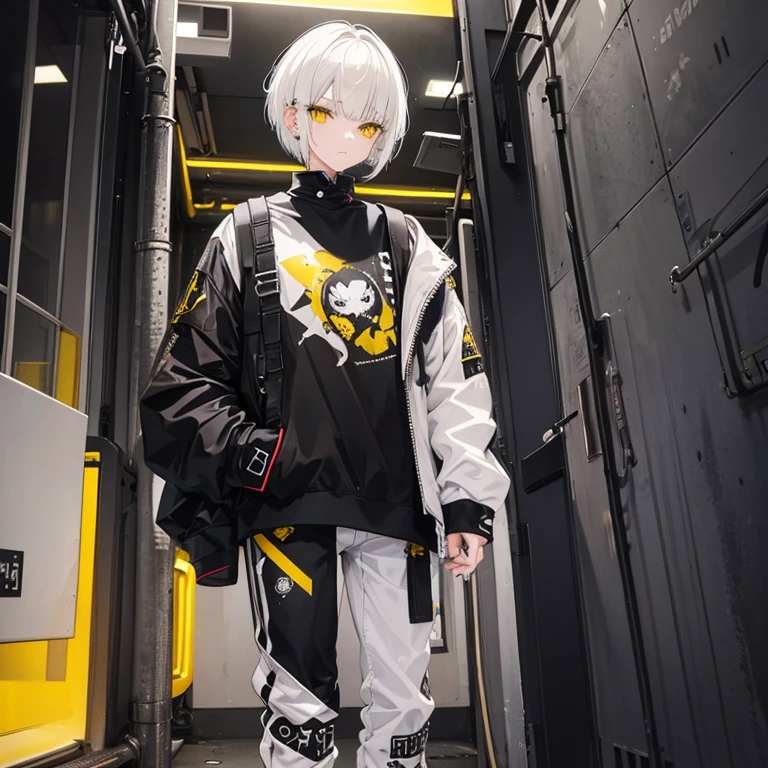 White hair、yellow eyes、Hanging eyes、Very short hair、Straight bangs、piercings、Suits、a cool、punk、neuter、Short boots、Pants Style、Image Color:black yellow white