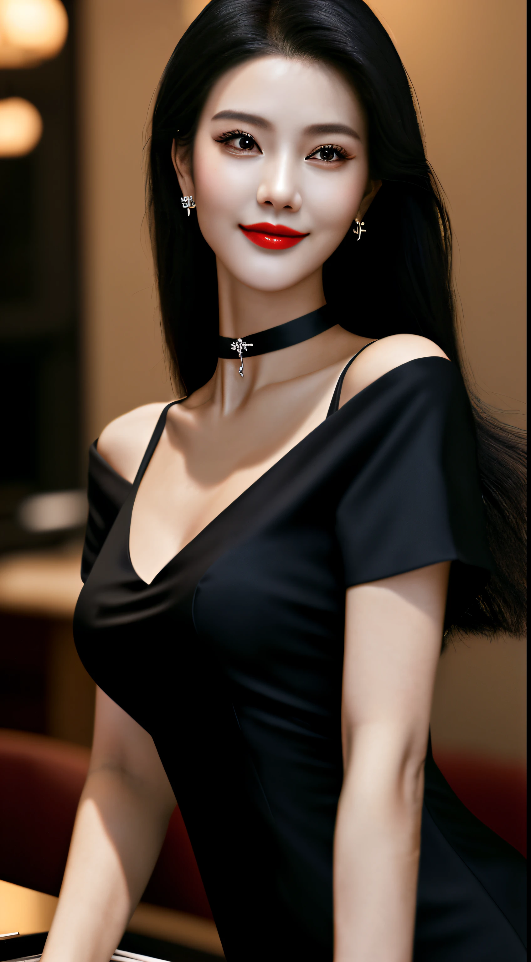 1 mature female, real, photo, 8K, Mrs., (solo), black lips, jewelry, necklace, dress, black hair, looking at the audience, makeup, pale skin, black lipstick, rose earrings, pearl necklace, medium breasts, upper body,