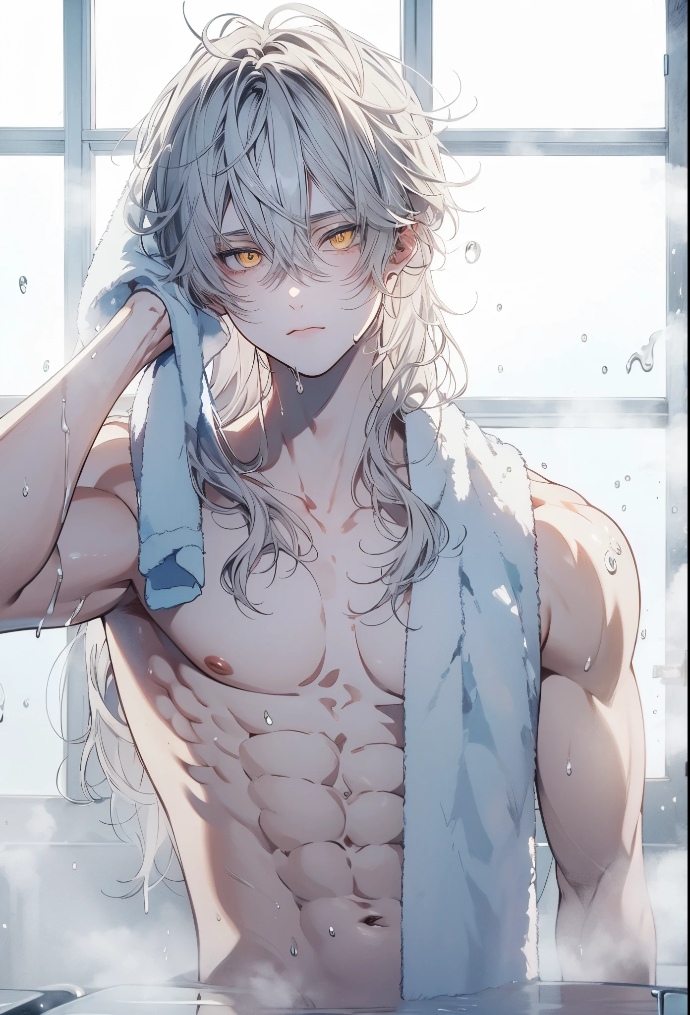 Beautiful young man, White hair, Long hair, Yellow eyes, Wet hair, Wipe your hair with a towel, Top Naked, pecs, Abs, White pants, After taking a bath, steam, Sink,High quality, amount of drawing, pixiv illustration