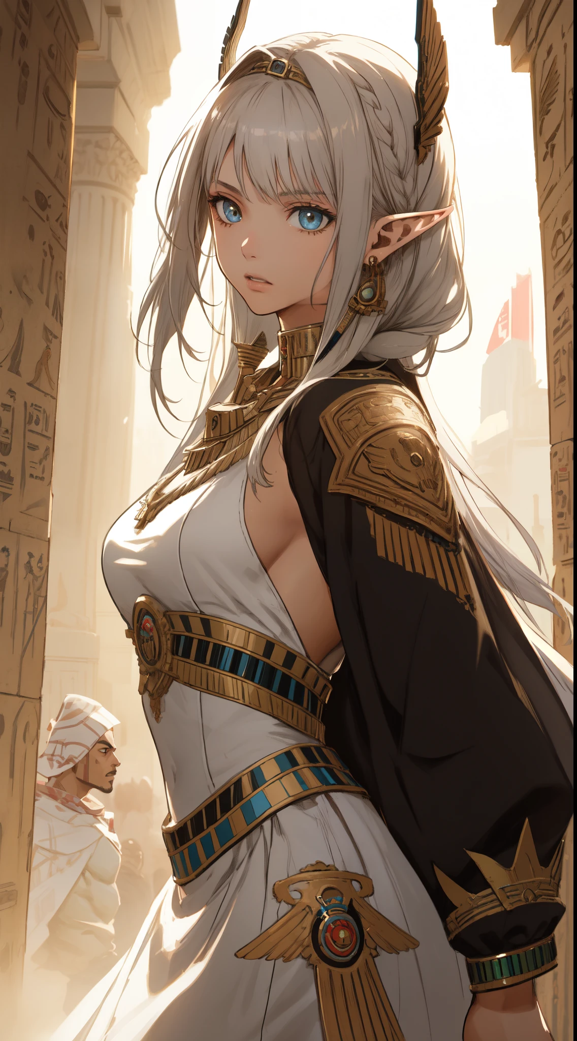 ((Best quality, 8k, Masterpiece :1.3)), young elf woman,  Bangs, sidelock, Braid, silver hair, bright eyes, egypt concept, Egyptian clothing, Ornate bracelet, with an egyptian embroidered, white dress, sweet expression,perfect face, detailed eyes, arches, middle east egyptian town, dynamic composition, craig mullins, (dynamic angle), (depth of field:1.2), intricate insanely detailed,sharp focus,aestheticism,art by Artgerm, by wadim kashin, by Kawacy, by Yusuke Murata