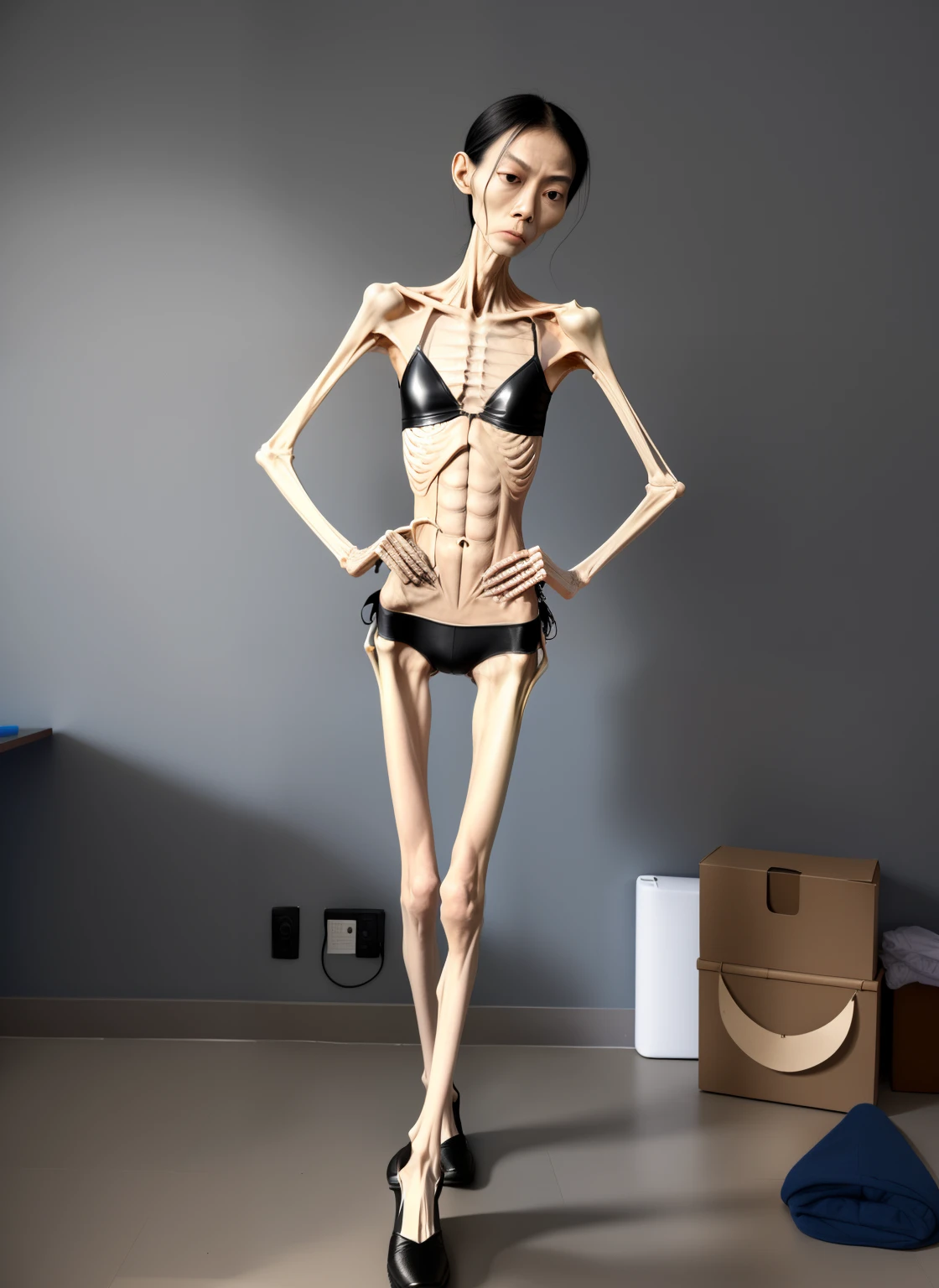 extremely thin man,The body very thin,Rib chest,Protruding sternum,The sternum distinct,The waist very thin,The ribs are noticeable,Protruding ribs,The pelvic protrusion very obvious,Clear outline of pelvis,The crotch protrudes,Hip bones are obvious,thin shoulde,The waist very thin,Sunken abdomen,Abdominal muscle atrophy,Delicate arms,arm muscle atrophy,slender thigh,Knees are obviously protruding,Ankle bulges,The ankle bones are obvious,The leg bones are obvious,leg muscle atrophy,anorexia,Wear tight leather pants,Wear slippers,Significant atrophy of dorsalis pedis muscles,Asia face,The expression of crying,Excessive weight loss,sunken face,Critically ill,Severe malnutrition,The body so thin that only the skeleton left