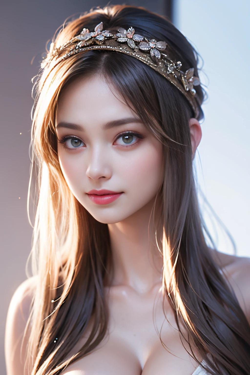 (masterpiece), (best quality), realistic, photorealism, 1girl, beautiful girl, perfect face, smile, portrait, stunning beauty, studio light, sexy, bare shoulders