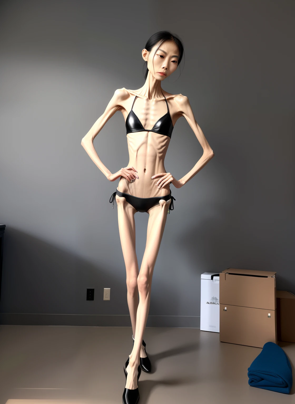 extremely thin woman，The body  very thin，Dry，Rib chest，Protruding sternum，The sternum  distinct，The waist  very thin，The ribs are noticeable，Protruding ribs，The pelvic protrusion  very obvious，Clear outline of pelvis，The crotch protrudes，The hip bones are very clear，thin shoulde，The waist  very thin，Sunken abdomen，Abdominal muscle atrophy，Delicate arms，arm muscle atrophy，slender thigh，lean legs，Knees are obviously protruding，Ankle bulges，The ankle bones are obvious，The leg bones are obvious，leg muscle atrophy，anorexia，Wear tight leather pants，Wear slippers，Significant atrophy of dorsalis pedis muscles，Asia face，The expression of sadness and crying，Excessive weight loss，sunken face，Apply lipstick，Severe malnutrition，The body  so thin that only the skeleton  left