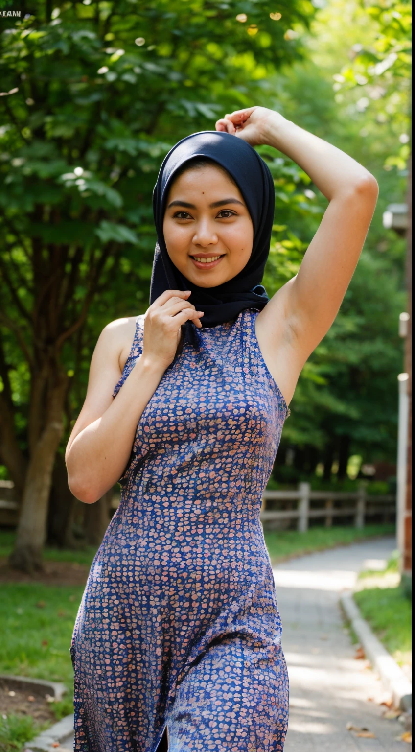 RAW, Best quality, high resolution, (masterpiece: 1.3), beautiful Malay woman in hijab, perfect fit body, big breast, big gorgeous eyes, Soft smile, thick thighs, ((show the armpits)), close up of a woman wearing a blue floral sleeveless dress and a tan scarf, hijab, lovely woman, beautiful Malay, shawl, lovely, wearing beautiful clothes, cute beautiful, feminine in cute pastel shades, dress, Delicate turtleneck, afternoon walk, City garden, Excellent lighting, Bright colors, Clean lines
