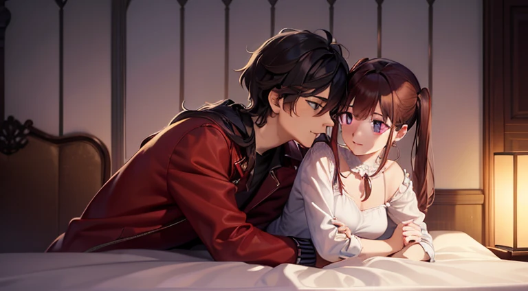 styles, masterpiece, top-quality, Special details, illustratio, Romance, a couple,reddish, tenderness, inner strength,a bed,natta, At night,Love atmosphere white and red tones, Blissful, Girl brown hair, Purple eyes, poneyTail, a couple, date, Profile of a man with black hair,Purple eyes,