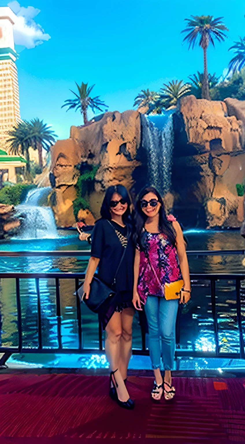 Two women standing near waterfall in palm tree park, in las vegas, vacation photo, waterfall in background, On a street in Las Vegas, Las vegas, User photo, screengrab, with a waterfalls, with a waterfalls, waterfall in background, waterfall man!!!!!, california adventure, 1 8 yes, Avatar photo, standing close to waterfall