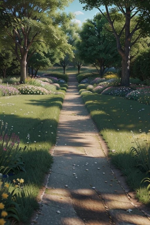 Generate an ultra-realistic representation of a natural landscape with a path lined with flowers of various colors. Imagine a scenario where the path winds through a lush and diverse meadow, with flowers ranging from vibrant hues to soft pastels. Include meticulous details in each flower, capturing the texture and nuances of the petals. Add butterflies freely flying through the landscape, with wings unfolded in different colors and sizes. Use the natural sunlight to highlight the beauty of the flowers and create subtle shadows on the path. Surprise me with an ultra-realistic landscape that evokes the serenity and beauty of nature, with each detail meticulously portrayed