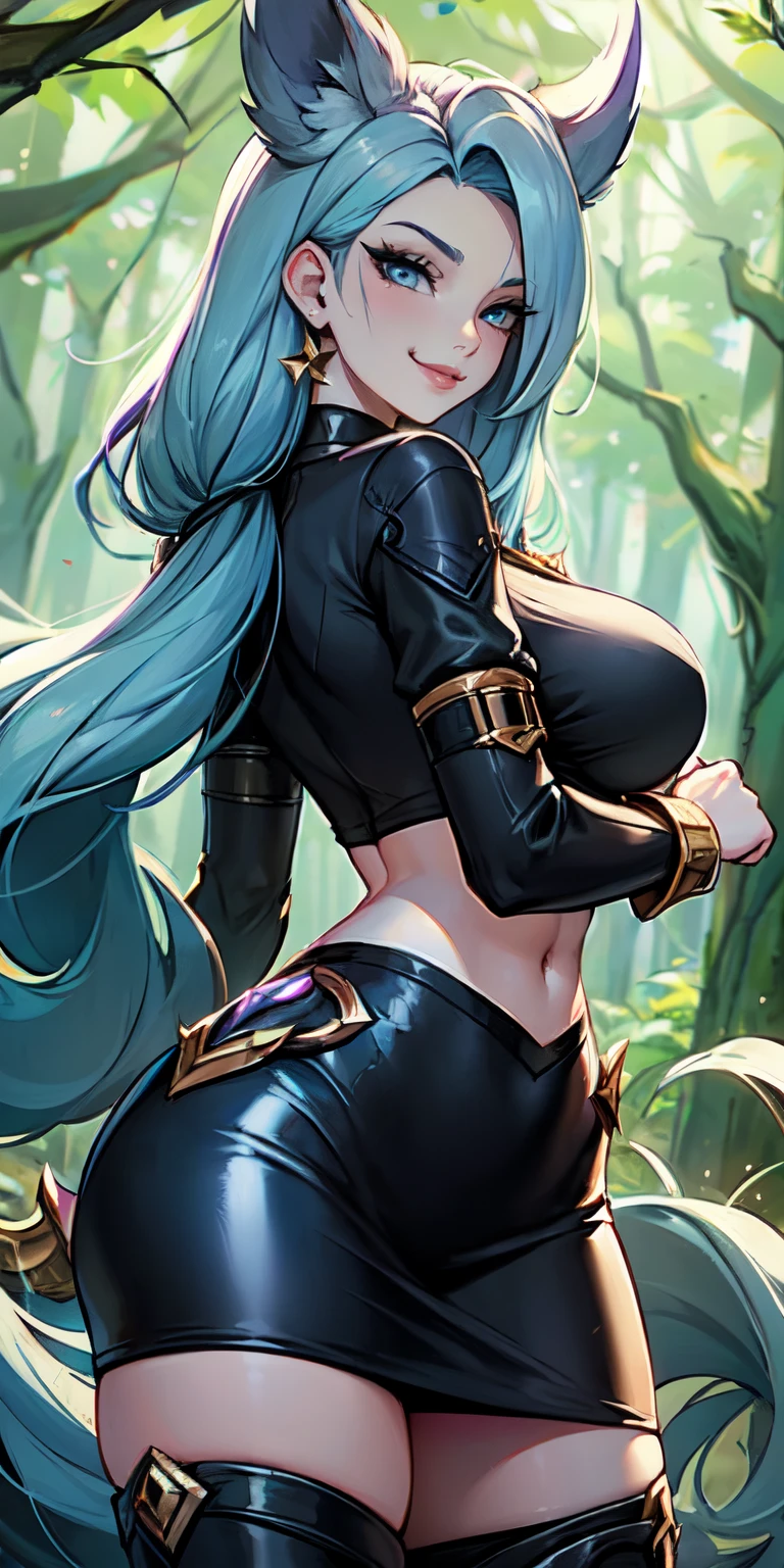 Masterpiece, 8k, art style by sciamano240, very detailed face, detailed clothes, detailed fabric, 2girls, ( Death sworn Katarina (league of legends 1.1)) beautiful face, asymmetrical long hair, light blue hair, exposed navel, black thigh boots, very detailed blue eyes, leather mini pencil skirt, cute smirk, looking at viewer, posing back towards viewer, day, full view, forest setting,