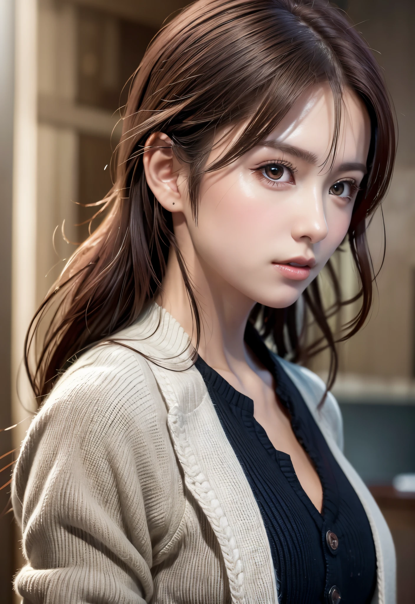 8K, of the highest quality, masutepiece:1.2), (Realistic, Photorealsitic:1.37), of the highest quality, masutepiece, Beautiful young woman, Pensive expression, Thoughtful look, Female doctor, Hair tied back, Cinematic background, Light skin tone