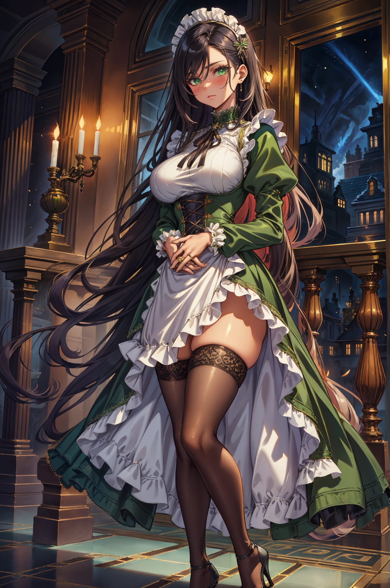 beautiful, (masterpiece:1.2), (best quality:1.2), Beautiful woman, light skin, perfect body, Big breasts, thick thighs, Glowing green eyes, very long straight black hair, she wears a modest black French maid uniform that covers her entire upper torso, long sleeves, turtle neck, white apron, Black stockings, high heels, medium-length asymmetrical skirt with frills, Hands clasped together, elegant, stoic confident expression, mansion background, facing viewer, Body facing viewer, Standing still, Emotionless face, No Blushing, Black eyeliner, Uniform color: BLACK,