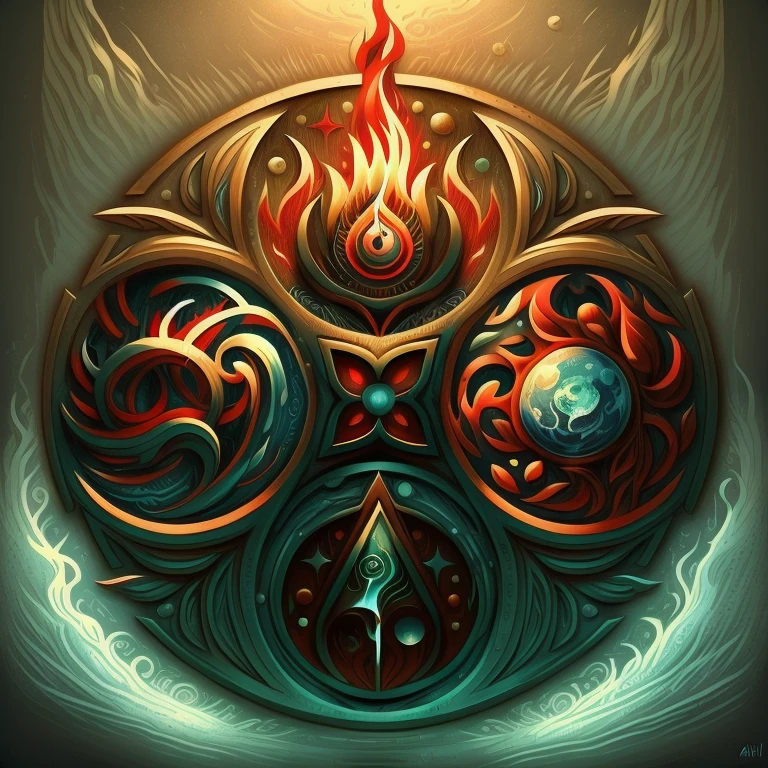 a close up of a circular design with four different colored symbols, an alchemical art illustration, water element, colored illustration for tattoo, representing the 4 seasons, mystical and new age symbolism, wicca symbols dnd, fantasy game spell symbol, mystic illustration, magical elements, energy flows of water and fire, alchemical symbols, magic symbols, elemental, game icon stylized.Blue for water.Red for fire.White for wind.Brown for earth