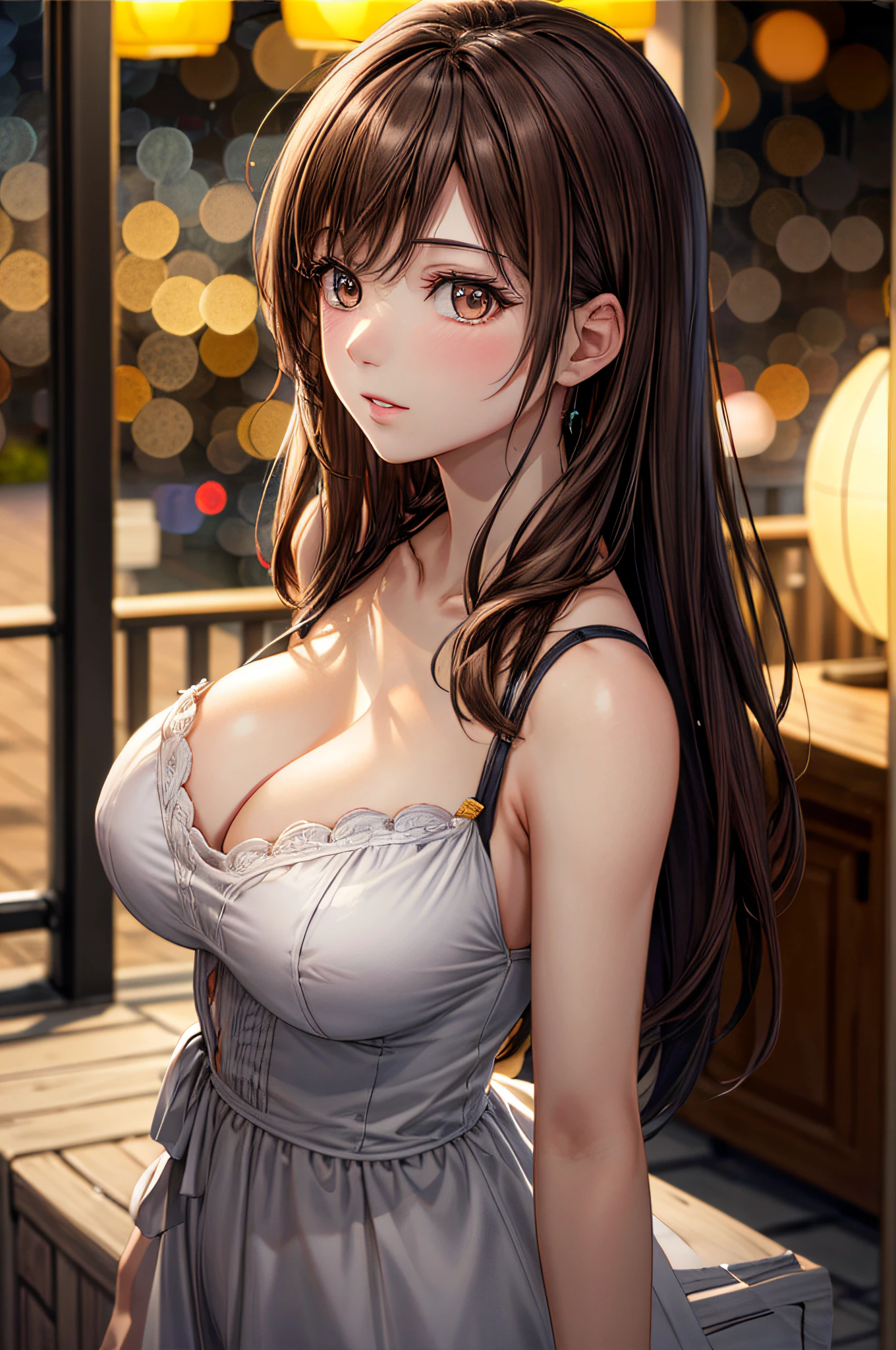 (Best Quality), (Ultra-detailed), (Lastration), (Detailed light), (extremely delicate and beautiful), 1ung girls, Brown hair, Brown eyes, Model, (Beautiful big breasts:1.3), bare shoulders、breastsout:1.2), Best Quality, extremely detailed CG unified 8k wallpaper, High-definition raw color photos, professional photograpy, (((Bokeh))), depth of fields, Beach, Sea, Sun,