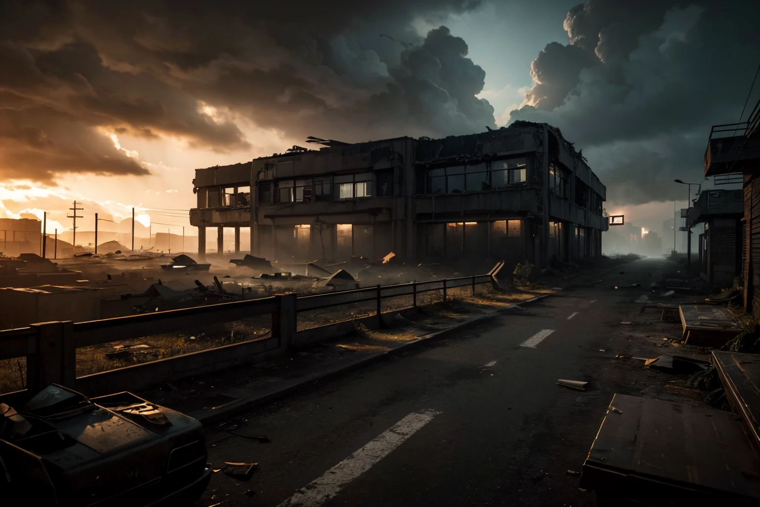 Abandoned,dystopian,Futuristic atmosphere,overgrown vegetation,Desolate streets,Crumbling building,black wall,Broken windows,Debris was scattered all over the place,Create an atmosphere of desolation and chaos. ),[Steampunk survivor,Gas masks,wind coat,Brass decoration,cogs and gears,]，Dimly lit sky,Ominous clouds come together,Dazzling lightning,be desperate,Unforgettable silence,lost hope,Epidemic of disease.Sepia color palette,intense contrast,Moody lighting.(Best quality,A high resolution,Masterpiece:1.2)，Background fog， A high resolution， the detail， RAW photogr， Sharp Re， Nikon D850 Film Stock Photo by Jefferies Lee 4 Kodak Portra 400 Camera F1.6 shots, Rich colors, ultra-realistic vivid textures, Dramatic lighting, Unreal Engine