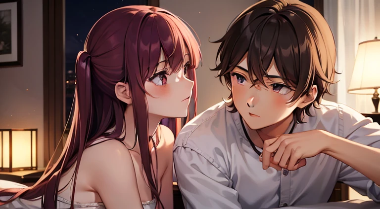 styles, masterpiece, top-quality, Special details, illustratio, Romance, a couple,reddish, tenderness, inner strength,a bed,natta, At night,Love atmosphere white and red tones, Blissful, Girl brown hair, Purple eyes, poneyTail, a couple, date, Profile of a man with black hair,Purple eyes,