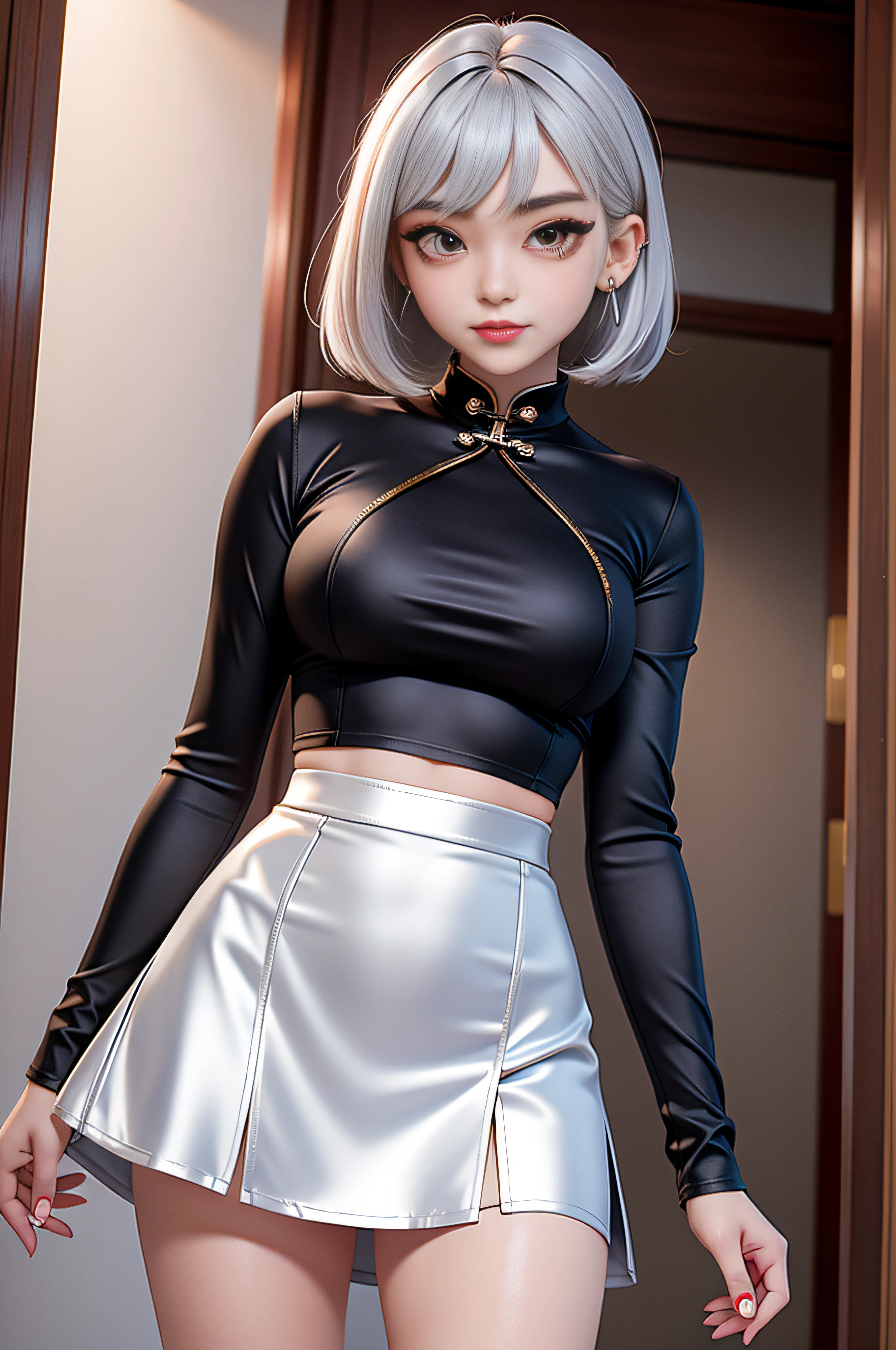 Beautiful Chinese teenager, tight silk long sleeve top, large breasts, bob hair with silver streaks,   short silk skater skirt, punk girl, masterpiece,