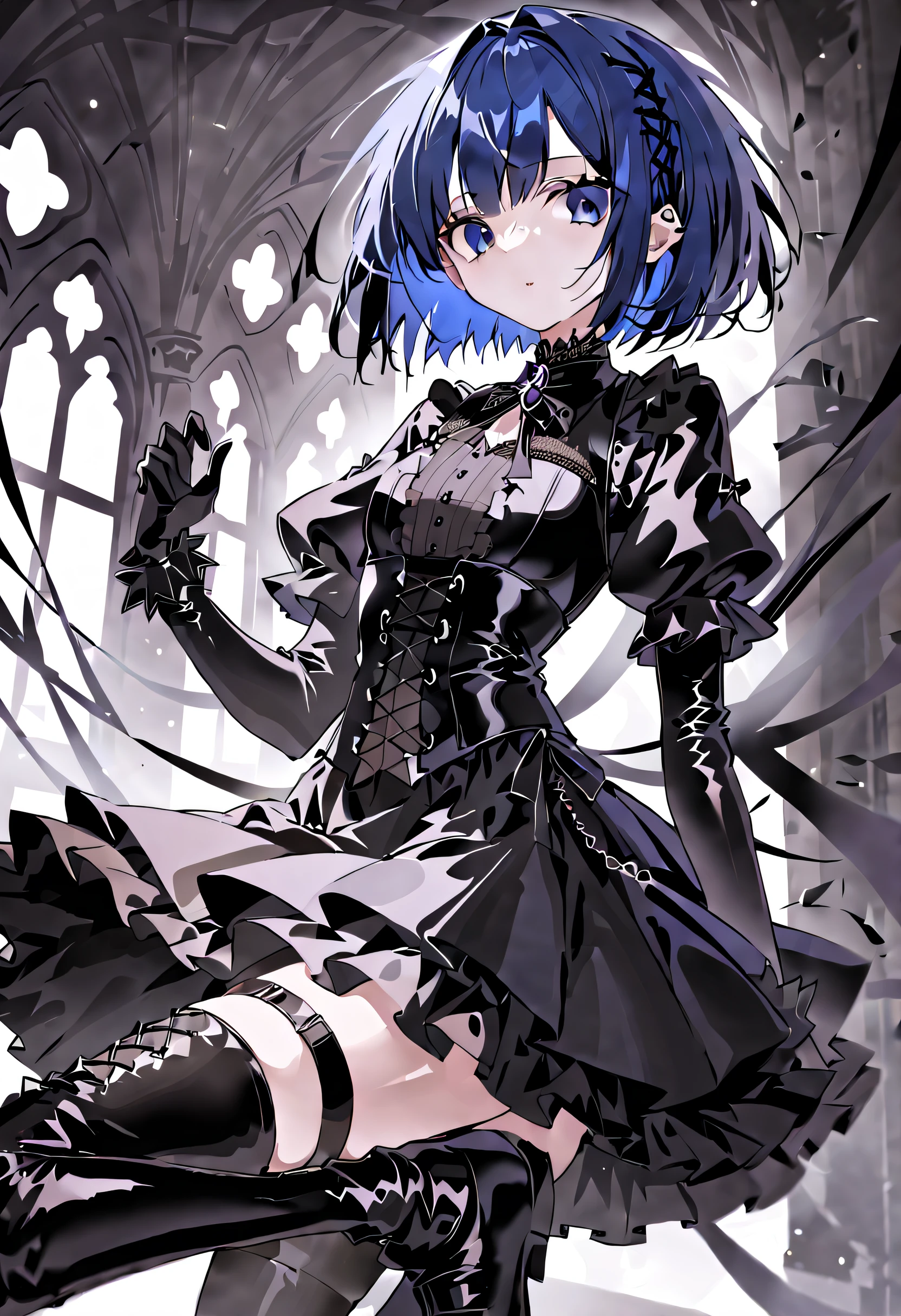 1girl in, Dark blue hair, a short bob, gothic dress, Latex Gloves, Lace-up long boots.