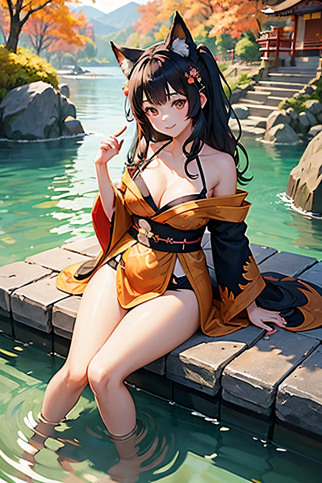 1girl in、A dark-haired、Fox ears、The bikini(Japanese pattern)、torii in the background、stone stairs、autumnal、Colored leaves、ssmile、Wearing a kimono、Sit by the water、