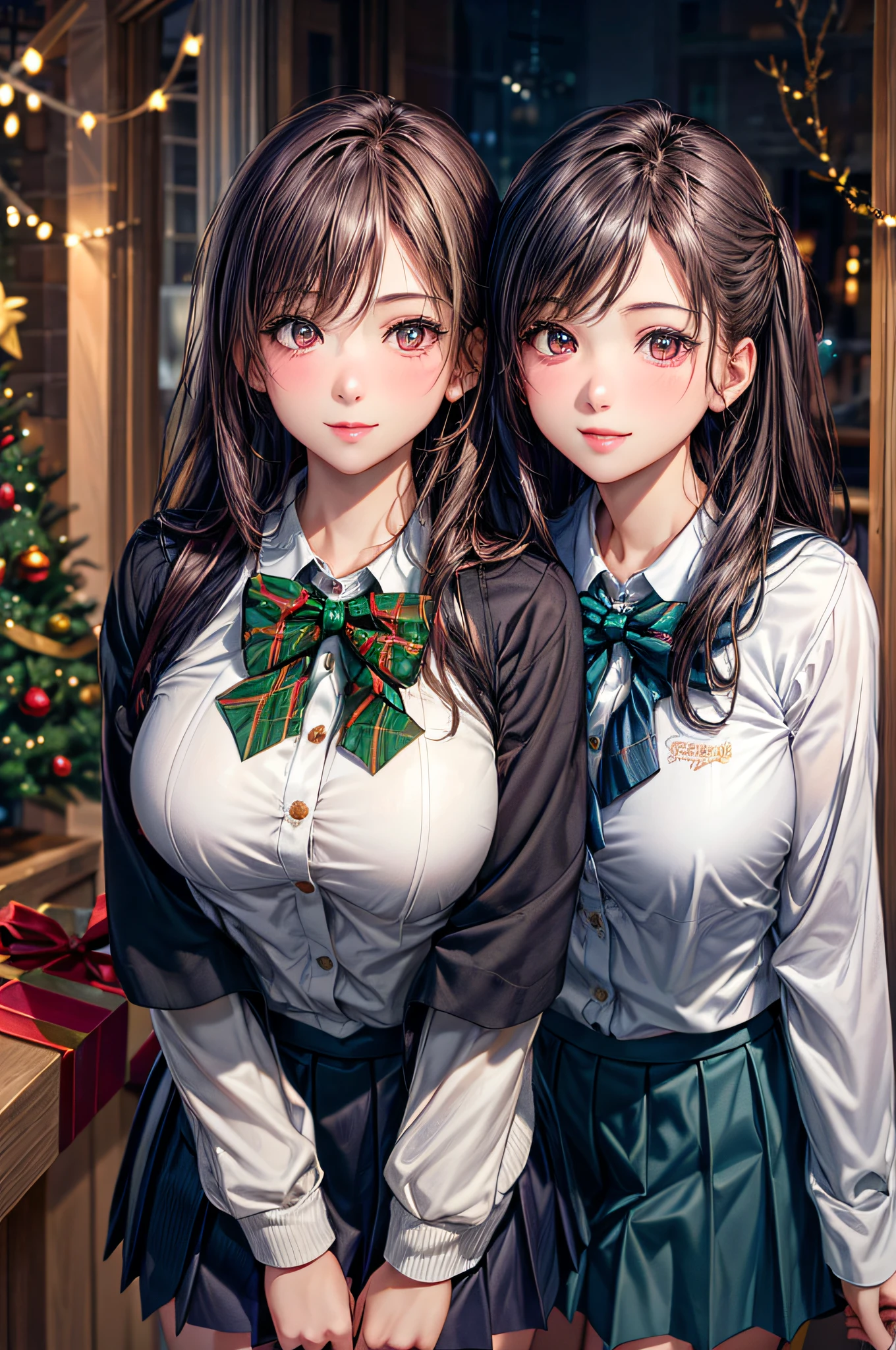 (2girls:1.4), Extremely cute, amazing face and eyes beautiful nice smile), (extremely detailed beautiful face), bright and shiny lips, (School uniform, Pleated skirt:1.3), (Best Quality:1.4), (hyper quality), (Ultra-detailed), (Hyper-realistic, Photorealsitic:1.37), Authentic skin texture, intricate-detail, extremely detailed CG unified 8k wallpaper, RAW Photos, professional photograpy, Cinematic lighting, Exposing, Christmas tree, Christmas Ornaments, Christmas Decorations, Christmas Lights, Christmas Lights,