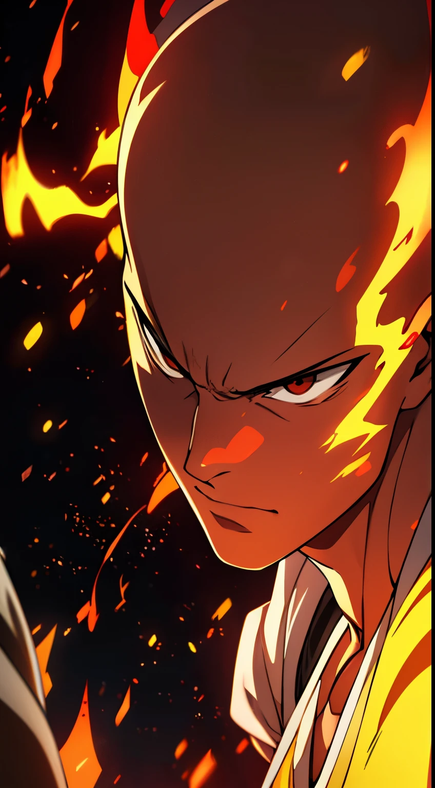 Get ready for a visual feast with this portrait of Saitama, his gentle, relaxed face, handsome face and piercing red eyes. wear t-shirt. In his transformed state, he radiates extreme instinct and power, creating an epic film about this energetic man. See how he manipulates fire and lava in stunning anime artwork that will blow your mind. This concept art comes straight from the Bleach Universe, with manga-style 8k wallpapers that will transport you to another dimension. Get ready to be amazed by this detailed work of digital anime art, representing the ultimate combination of style and power.