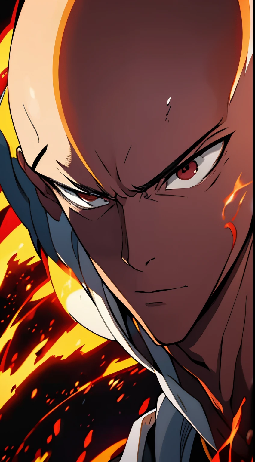 Get ready for a visual feast with this portrait of Saitama, his gentle, relaxed face, handsome face and piercing red eyes. wear t-shirt. In his transformed state, he radiates extreme instinct and power, creating an epic film about this energetic man. See how he manipulates fire and lava in stunning anime artwork that will blow your mind. This concept art comes straight from the Bleach Universe, with manga-style 8k wallpapers that will transport you to another dimension. Get ready to be amazed by this detailed work of digital anime art, representing the ultimate combination of style and power.